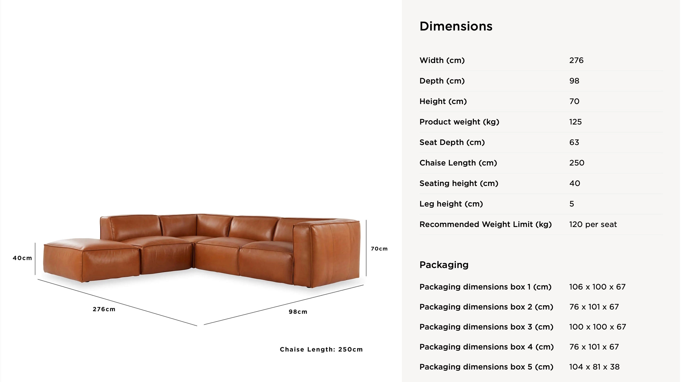 Linden Leather Left Corner Sofa – Modular Sectional with Chaise, Caramel Brown